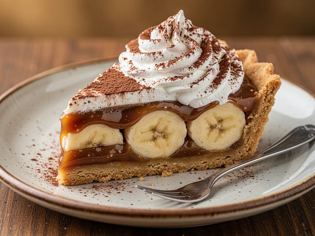 Kawałek ciasta Banoffee z warstwą karmelu, bananów i bitej śmietany na ceramicznym talerzu ze srebrnym widelczykiem.
