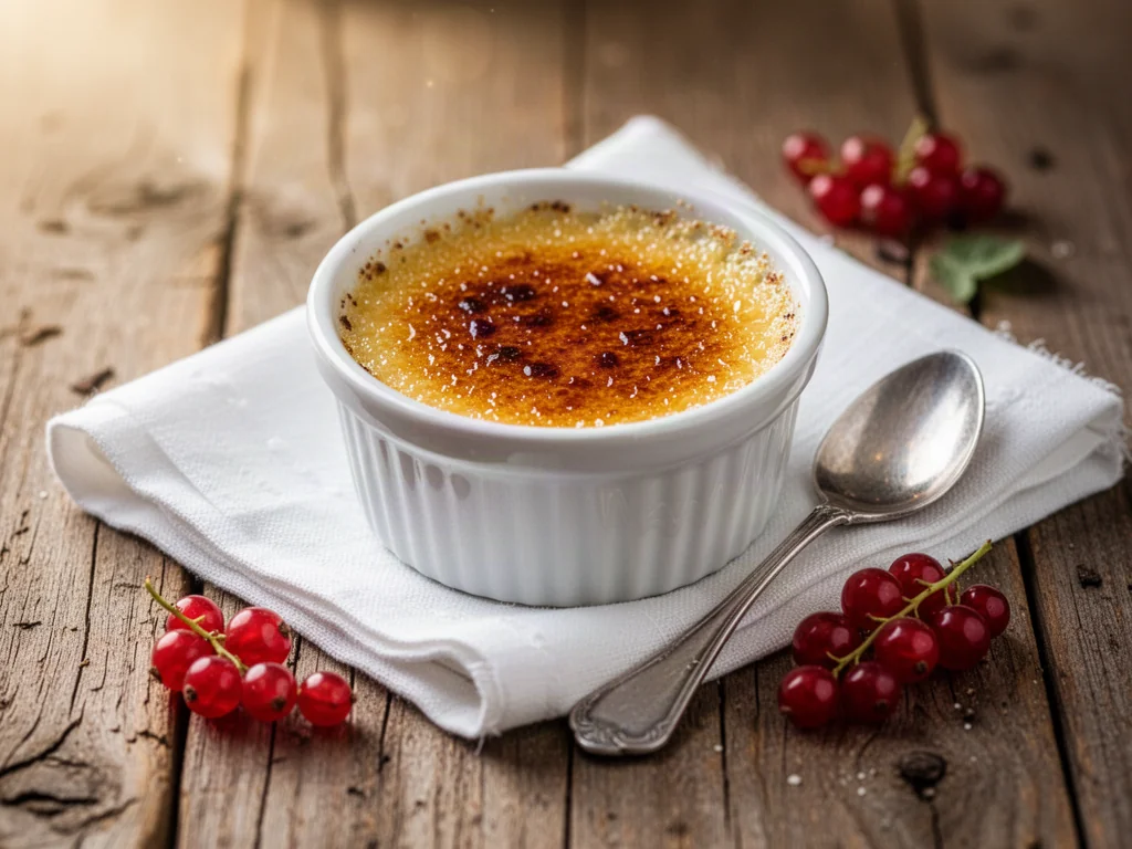 Ramekin z crème brûlée o chrupiącej, karmelowej skorupce, podany na rustykalnym stole z czerwoną porzeczką.