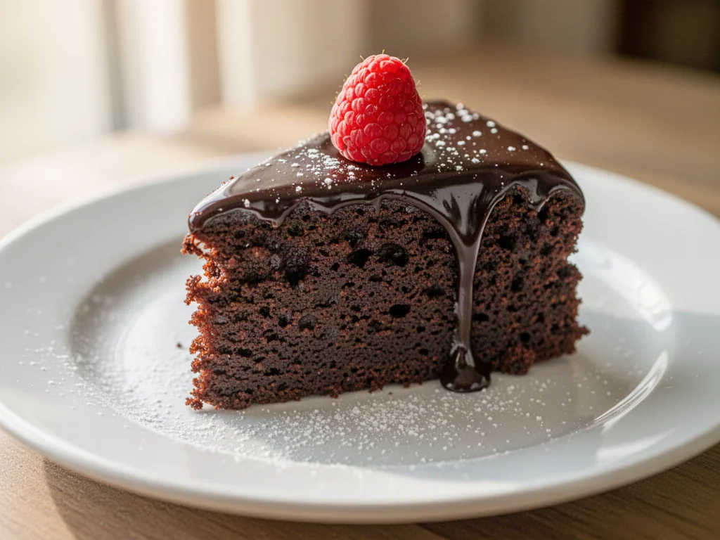 Kawałek wilgotnego ciasta czekoladowego z polewą ganache i świeżą maliną na białym talerzyku.